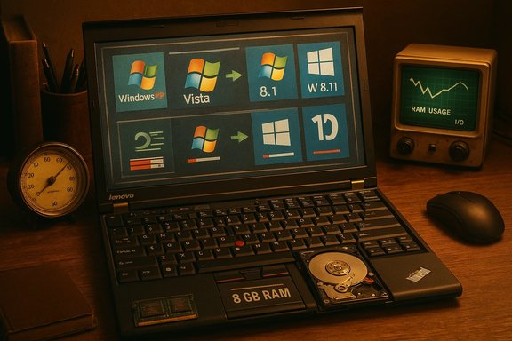 Vintage Lenovo laptop displaying Windows icons, with an exposed hard drive, beside a retro gauge and CRT monitor. Vintage Lenovo laptop displaying Windows icons, with an exposed hard drive, beside a retro gauge and CRT monitor.