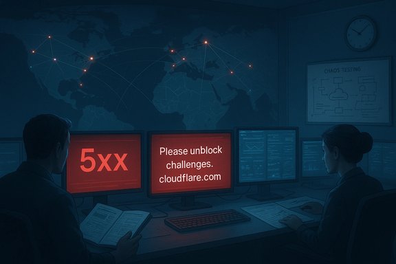 Two operators monitor red screens showing a 5xx error and a Cloudflare unblock message in a dark control room.