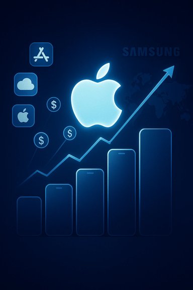 Blue neon chart shows rising tech stocks with Apple logo and Samsung branding.