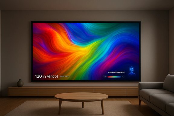 A large flat-screen TV displays a vivid multicolored abstract swirl in a modern living room. A large flat-screen TV displays a vivid multicolored abstract swirl in a modern living room.