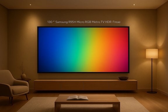Minimalist living room with a giant rainbow-gradient TV framed above a low console. Minimalist living room with a giant rainbow-gradient TV framed above a low console.