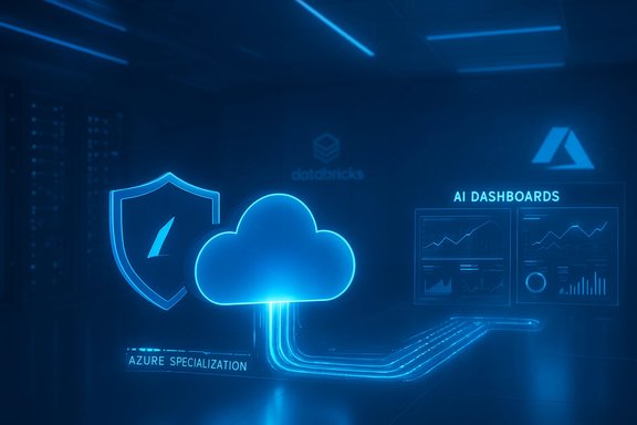 Blue neon cloud and shield icons with AI dashboards and 'Azure Specialization' in a data center.