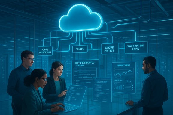 Team collaborates on cloud-native architecture and dashboards beneath a neon cloud display.