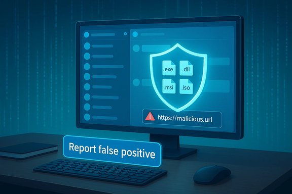 Blue-tinted computer screen showing a shield with file icons (.exe/.dll/.msi/.iso) and a “Report false positive” badge.
