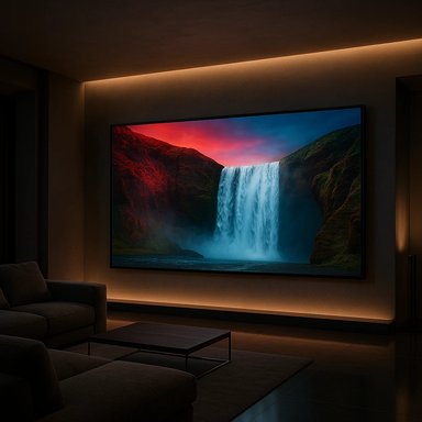 Cozy dark living room with a large wall-mounted screen displaying a waterfall and warm ambient backlighting. Cozy dark living room with a large wall-mounted screen displaying a waterfall and warm ambient backlighting.