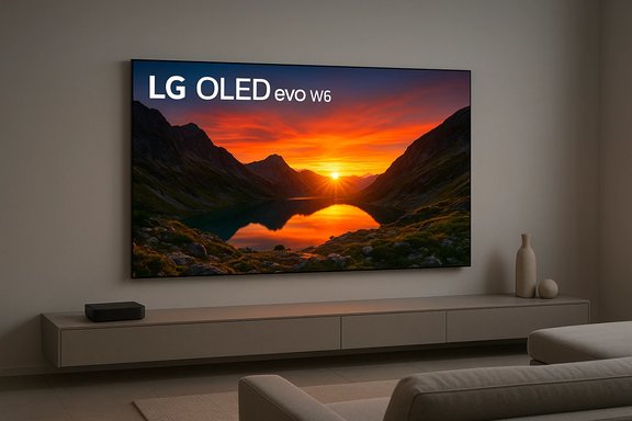 LG OLED evo W6 TV displays a dramatic sunset over a mountain lake in a minimalist living room. LG OLED evo W6 TV displays a dramatic sunset over a mountain lake in a minimalist living room.
