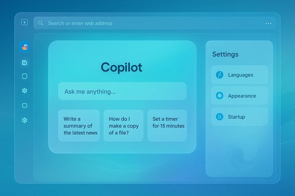 Futuristic blue UI mockup of Copilot with chat input and quick action cards.
