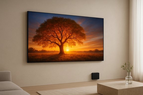 Living room with a wall-mounted TV displaying a glowing sunset tree scene. Living room with a wall-mounted TV displaying a glowing sunset tree scene.