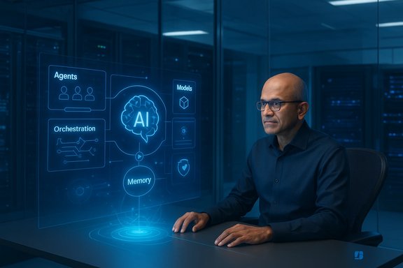 A man in a blue shirt studies a glowing holographic AI diagram projected on a glass screen.
