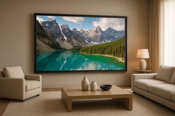 A modern living room with a large framed landscape of a turquoise lake and snow-capped mountains. A modern living room with a large framed landscape of a turquoise lake and snow-capped mountains.