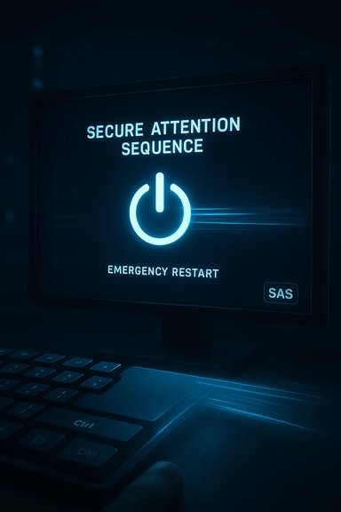 A blue-glow monitor displays Secure Attention Sequence with a power icon and Emergency Restart.