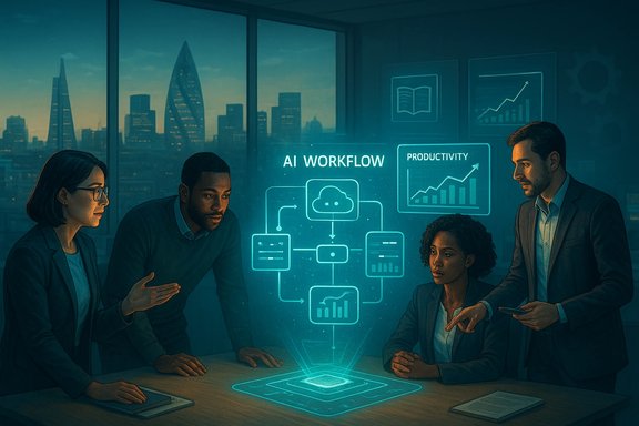 A diverse team collaborates around a holographic AI workflow diagram in a modern office.