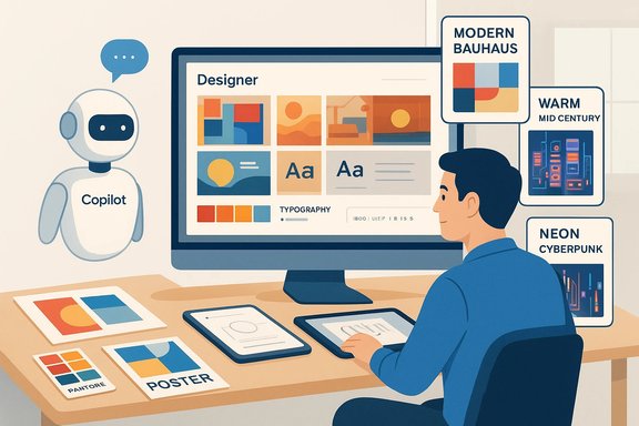 A designer collaborates with a Copilot robot to design layouts and typography on a large monitor.