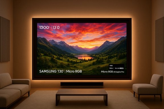 Cozy home theater with a 130-inch Samsung Micro RGB display and warm ambient lighting. Cozy home theater with a 130-inch Samsung Micro RGB display and warm ambient lighting.