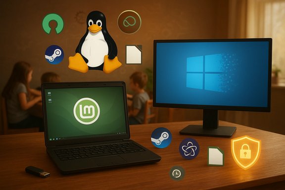 Classroom setup with a Linux Mint laptop, Windows monitor, Tux penguin, and floating icons.