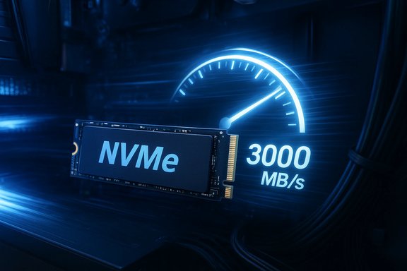 A neon-blue NVMe SSD beside a glowing 3000 MB/s speed gauge.