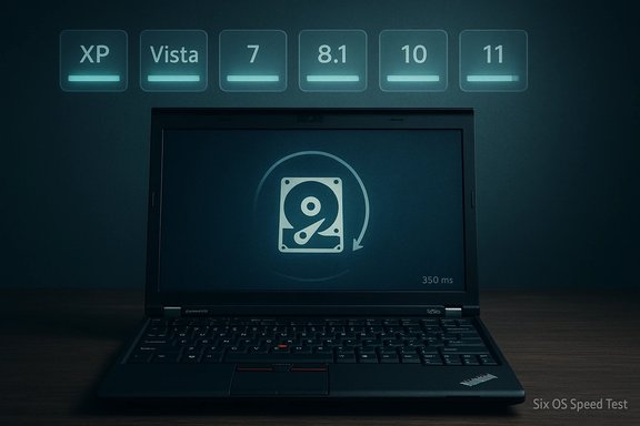 A ThinkPad-style laptop on a desk displays a hard drive icon with a 350 ms timer and OS tiles XP–11 above. A ThinkPad-style laptop on a desk displays a hard drive icon with a 350 ms timer and OS tiles XP–11 above.