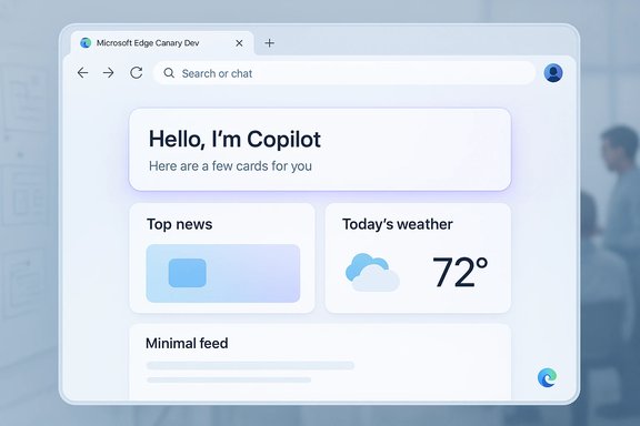 Microsoft Edge Canary Dev UI mockup with Copilot greeting card, weather, and top news widgets. Microsoft Edge Canary Dev UI mockup with Copilot greeting card, weather, and top news widgets.