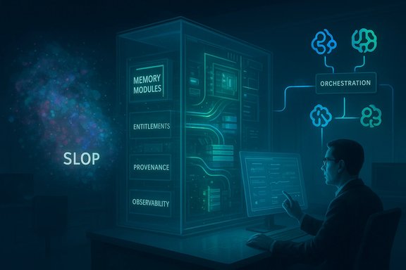 A technician monitors a holographic server showing modules like memory, entitlements, provenance and observability.