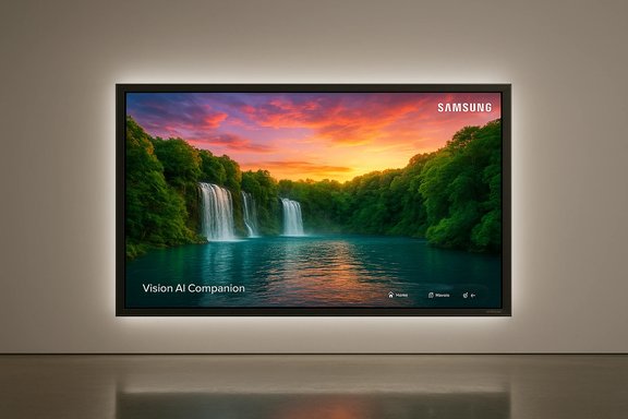 Samsung wall-mounted TV shows a sunset over a lush waterfall and forest. Samsung wall-mounted TV shows a sunset over a lush waterfall and forest.