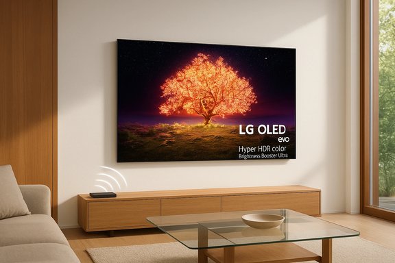 Cozy living room with a large LG OLED TV displaying a glowing orange tree above a wooden console. Cozy living room with a large LG OLED TV displaying a glowing orange tree above a wooden console.