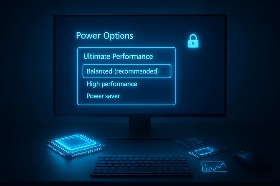 A neon-blue computer monitor displays Power Options with performance modes on a futuristic desk.