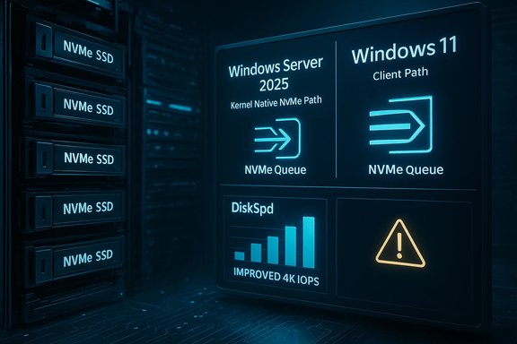 Server rack with NVMe SSDs and a glowing dashboard displaying Windows Server 2025 and Windows 11 paths.