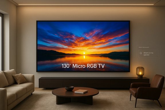 A modern living room with a 130-inch Micro RGB TV displaying a sunset over a tranquil lake. A modern living room with a 130-inch Micro RGB TV displaying a sunset over a tranquil lake.