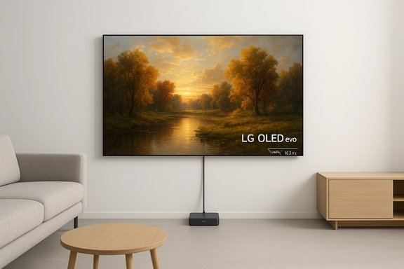 A wall-mounted LG OLED evo TV shows a golden autumn river landscape in a minimalist living room. A wall-mounted LG OLED evo TV shows a golden autumn river landscape in a minimalist living room.