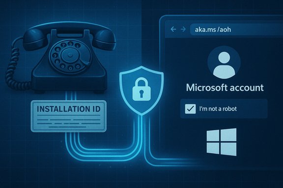 Retro rotary phone with an installation ID badge beside a lock shield and a Microsoft account login.