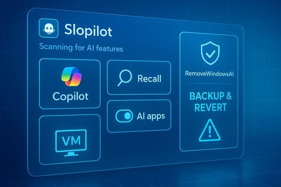 Futuristic blue UI panel for Slopilot showing AI features like Copilot, Recall, AI apps, VM, and backups.