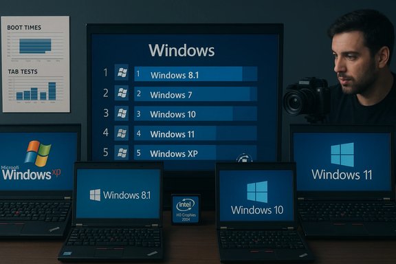 Multiple laptops display Windows versions around a central Windows chart. Multiple laptops display Windows versions around a central Windows chart.
