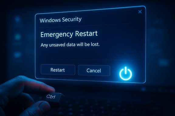Windows Security Emergency Restart dialog on a laptop screen with Restart and Cancel options. Windows Security Emergency Restart dialog on a laptop screen with Restart and Cancel options.
