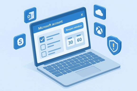 Isometric laptop shows a Microsoft account dashboard with security icons.
