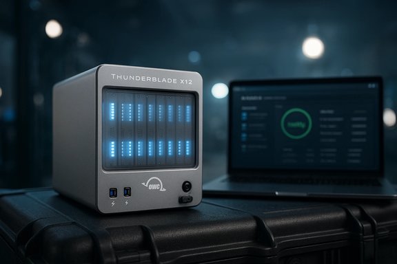 OWC ThunderBlade X12 external SSD with blue LED bars on a rugged case.