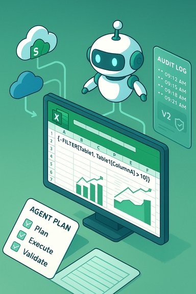 A friendly robot oversees cloud data, Excel dashboards, audit logs, and an agent plan.