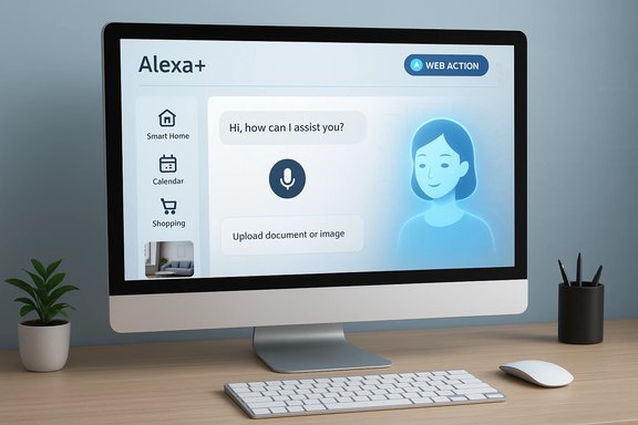 Alexa+ interface on a desktop screen showing chat, icons, upload option, and a blue avatar.