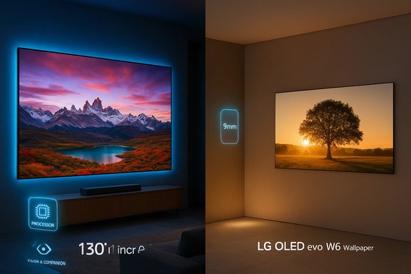 Split-screen showroom: 130-inch LG OLED evo W6 left, sunset tree wallpaper right.