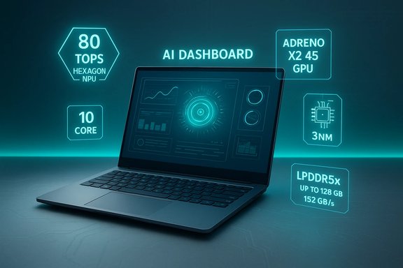 Futuristic AI dashboard on a laptop with 80 TOPS NPU, 10-core, 3nm GPU, and LPDDR5x memory.