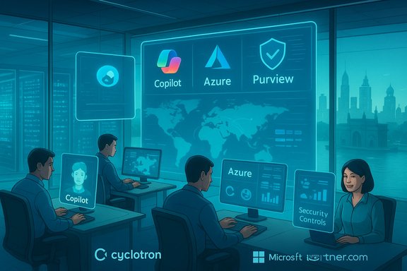 A futuristic control room with analysts monitoring Copilot, Azure, and Purview on large screens.