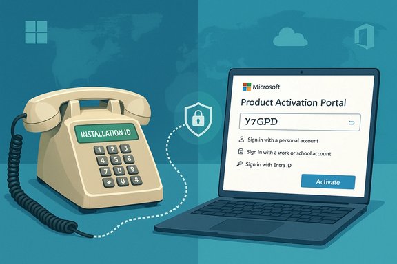 Old telephone labeled Installation ID linked to a laptop showing Microsoft Product Activation Portal.