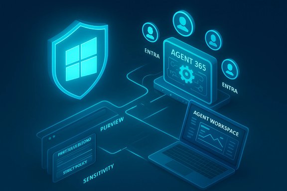 Neon blue cybersecurity illustration featuring a shield, Agent 365 on a laptop, and user icons.