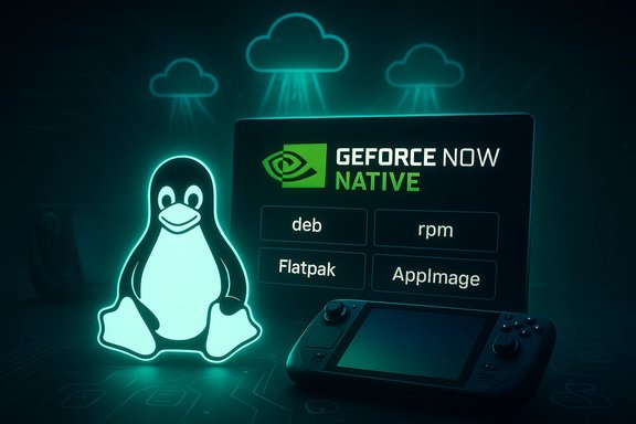 A glowing Linux penguin sits beside a GeForce NOW Native dashboard on a handheld gaming device.