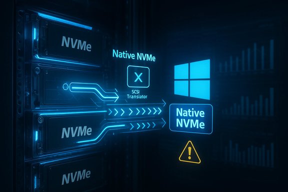 Blue-lit server rack with NVMe drives and a Native NVMe path to Windows, plus a warning icon. Blue-lit server rack with NVMe drives and a Native NVMe path to Windows, plus a warning icon.