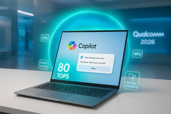 Laptop shows Copilot UI with holographic AI performance icons (CPU, NPU, 80 TOPS).