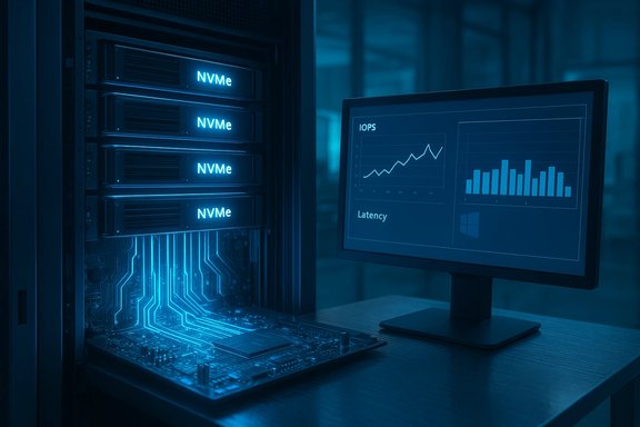 Server rack with glowing NVMe drives and a monitor showing IOPS and latency graphs.