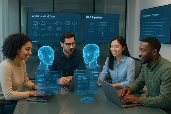 A diverse team collaborates around a glass table with laptops and holographic blue 3D head displays.