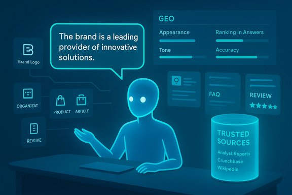 Neon blue figure at a desk with holographic panels presenting brand messaging and trusted sources.