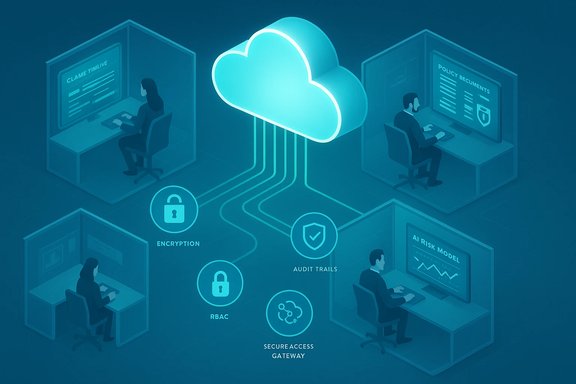 Cloud security architecture linking office desks with encryption, RBAC, audit trails, and secure gateway.