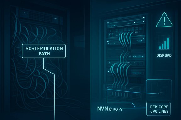 Data center racks display NVMe I/O paths and a SCSI emulation path diagram.
